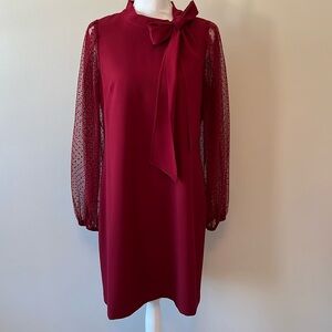 Beautiful! Crimson crepe dress with sheer sleeves and neck bow detail, size 12.